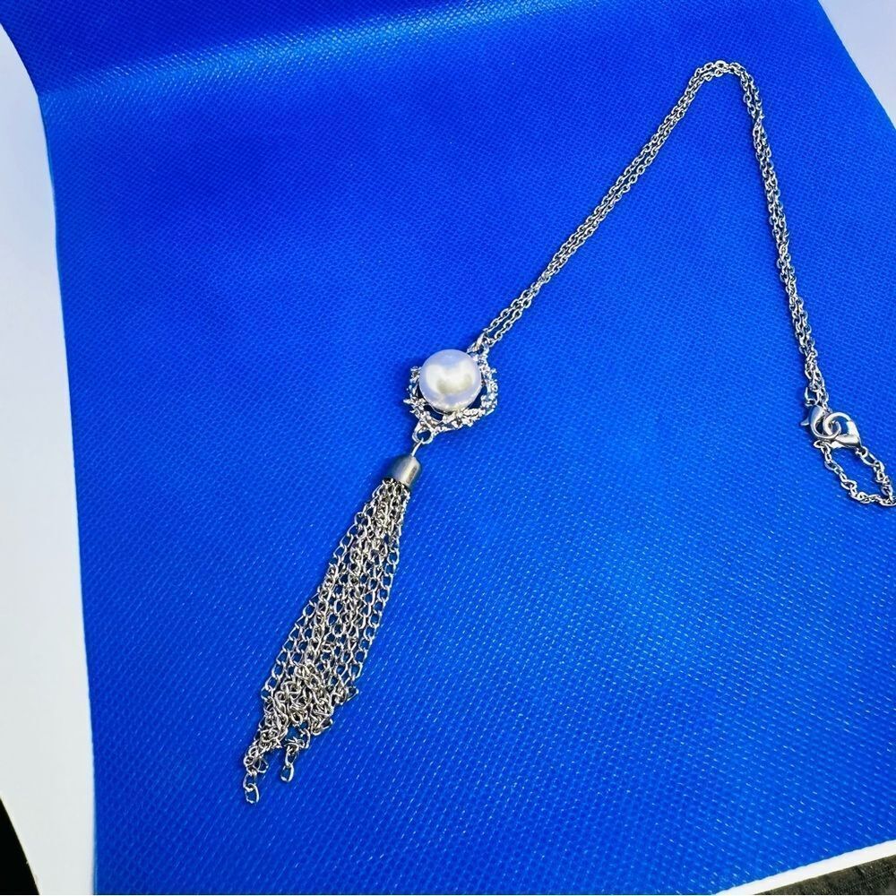 vintage silver tone tassel rhinestone faux pearl long necklace 819